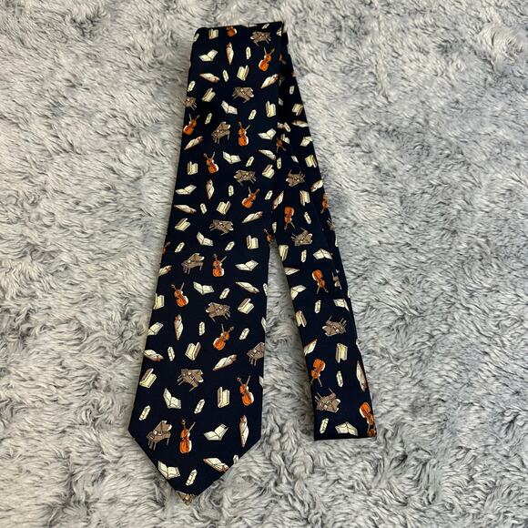 Caesar Roma 100% Silk Neck Tie Navy Musical Instruments Piano Cello Formal - Picture 3 of 6